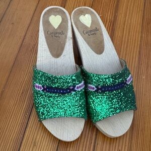 Coconuts Green Glitter Slide Mules with Embroidered Trim
